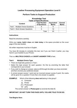 Leather Processing Equipment Operation Level II 
 
Perform Tasks to Support Production 
 
Knowledge Test   
Table of Specif