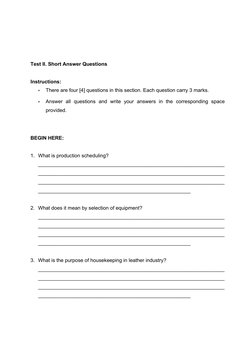 Test II. Short Answer Questions 
 
Instructions: 
• 
There are four [4] questions in this section. Each question carr