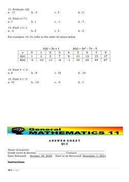 11. Evaluate 𝑟(2) 
a. -11 
b. -3 
c. 5 
d. 11 
12. Find s(r (7)) 
a. 7 
b. 1 
c. -1 
d. -7 
13. Find (s∘r ) (1)
a. -3 
b. 3