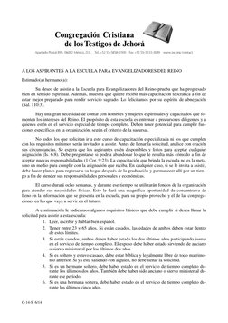 A LOS ASPIRANTES A LA ESCUELA PARA EVANGELIZADORES DEL REINO 
Estimado(a) hermano(a): 
Su deseo de asistir a la Escuela par