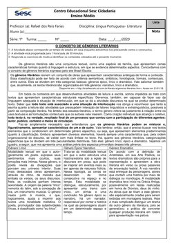 Centro Educacional Sesc Cidadania 
                               Ensino Médio 
O CONCEITO DE GÊNEROS LITERÁRI