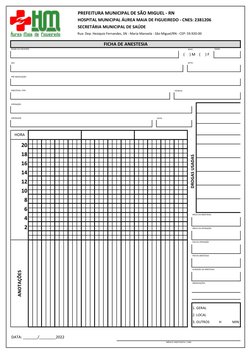 SEXO:
TÉCNICA:
DATA:
1. GERAL
2. LOCAL
3. OUTROS
H
MIN
DATA: _______/________2022
MÉDICO ANESTESISTA / CRM
FICHA DE ANESTESIA