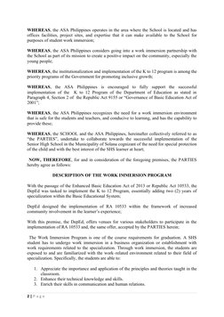 MEMORANDUM OF AGREEMENT FOR WORK IMMERSION PARTNERSHIP (ASA Philippines ...