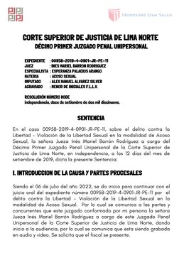 CORTE SUPERIOR DE JUSTICIA DE LIMA NORTE 
DÉCIMO PRIMER JUZGADO PENAL UNIPERSONAL

EXPEDIENTE     : 00958-2019-4-0901-JR-PE-1