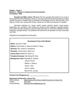 English – Grade 7 
Quarter 4 – Module 2: Interpersonal Communication 
First Edition, 2020 
 
 
Republic Act 8293, section