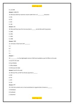 MS Excel MCQ Questions and Answers | PDF | Microsoft Excel | Spreadsheet