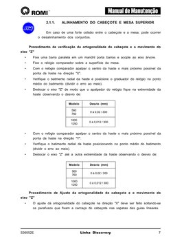 Manual de Manutenção
S36552E
 Linha Discovery
7
2.1.1.
ALINHAMENTO DO CABEÇOTE E MESA SUPERIOR
Em caso de uma forte colisão e