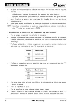 Manual de Manutenção
8
Linha Discovery
S36552E
•
O ajuste da ortogonalidade do cabeçote na direção "Y" deve ser feito da segu