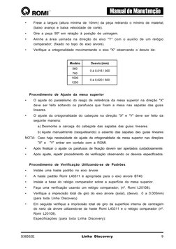 Manual de Manutenção
S36552E
 Linha Discovery
9
•
Frese a largura (altura mínima de 10mm) da peça retirando o mínimo de mater