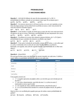 PROBABILIDADE
2° ANO ENSINO MÉDIO
Questão 1 – (UFV-04) Os bilhetes de uma rifa são numerados de 1 a 100. A 
probabilidade do