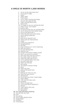 A SMILE IS WORTH 1,000 WORDS
1.
You're on the right track now!
2.
You've got it made.
3.
Super!
4.
That's right!
5.
That's go