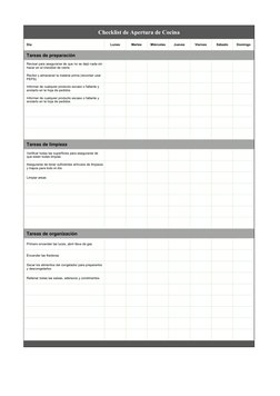 Checklist de Apertura de Cocina
Día
Lunes
Martes
Miércoles
Jueves
Viernes
Sábado
Domingo
Tareas de preparación
Tareas de limp