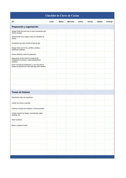 Checklist de Cierre de Cocina
Día
Lunes
Martes
Miércoles
Jueves
Viernes
Sábado
Domingo
Preparación y organización
Comprobar q