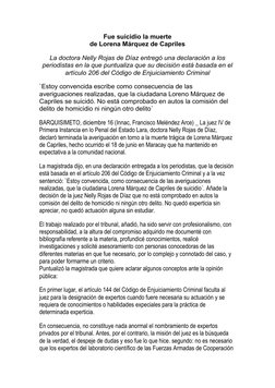 Fue suicidio la muerte
de Lorena Márquez de Capriles
La doctora Nelly Rojas de Díaz entregó una declaración a los
periodistas