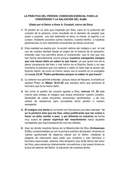 LA PRÁCTICA DEL PERDON; CONDICION ESENCIAL PARA LA
CONVERSION Y LA SALVACIÓN DEL ALMA
(Dado por el Señor a Omar A. Carabalí,