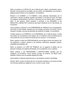 Señor, yo perdono a mi NOVIA (O), por su falta de amor, afecto, consideración, apoyo,
atención, comunicación por sus faltas,