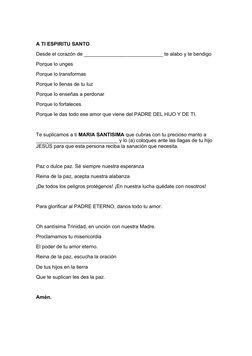 A TI ESPIRITU SANTO
Desde el corazón de ____________________________ te alabo y te bendigo
Porque lo unges
Porque lo transfor