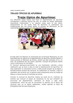martes, 5 de febrero de 2019
TRAJES TÍPICOS DE APURÍMAC
Traje típico de Apurímac
Los  diferentes  trajes  típicos  que  tiene