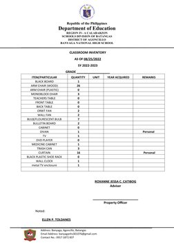 Deped Inventory Samples Classroom Inventory for SY 2022-2023 | PDF