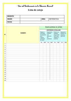 Lista de cotejo 
DOCENTE
GRADO
ÁREA
MATEMATICA
FECHA
N°
NOMBRE
Resuelve problemas de cantidad
CRITERIOS A EVALUAR
Emplea la