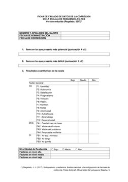 (*) Regalado, J. J. (2017). Sinhogarismo y resiliencia. Análisis del nivel y la configuración de factores de 
resiliencia (Te