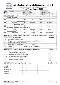 Al-Qadeer Jinnah Science School 
Mallian Kalan Mureed-kay-road Sheikhupura (03024741124)
First Term Exams 2021
Paper : Comput