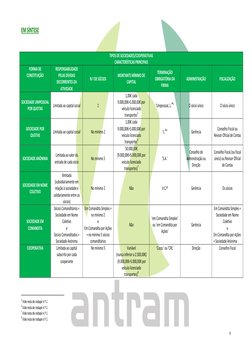 9 
 
EM SÍNTESE 
 
 
TIPOS DE SOCIEDADES/COOPERATIVAS 
CARACTERÍSTICAS PRINCIPAIS 
FORMA DE 
CONSTITUIÇÃO 
RESPONSABILIDADE