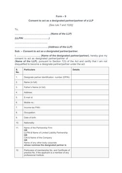 Form 9: Consent for Designated Partner | PDF | Limited Liability ...