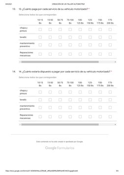 9/5/2021
CREACIÓN DE UN TALLER AUTOMOTRIZ
https://docs.google.com/forms/d/1-iE905DWeLxORAdE_dRSyWjRRb2MRXeHEV6OOvgpg6o/edit
5