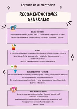 RECOMENDACIONES
GENERALES
Aprende de alimentación
CALIDAD DEL SUEÑO:
Descanse correctamente, duerma entre 7 y 8 horas diarias