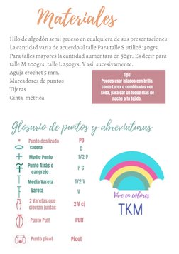 Materiales 
Glosario de puntos y abreviaturas 
Hilo de algodón semi grueso en cualquiera de sus presentaciones. 
La cantidad