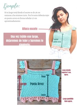 Ejemplo:
Si tu largo total desde el escote es de 38 cm
restaras a los mismos 11cm. Por lo tanto deberás tejer
en punto arroz
