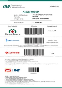 Fecha: 25/07/2022
FICHA DE DEPÓSITO
Nombre del Estudiante:
ANA GABRIELA CASTELLANOS ALVAREZ
Matrícula:
U99350987
Co