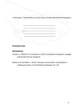 In this lesson, I learned that as a human being, I should understand that language is
6
INTROSPECTING
REFERENCES
Fromkin, V.,