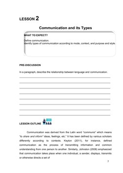 WHAT TO EXPECT?
Define communication.
Identify types of communication according to mode, context, and purpose and style.
7
LE