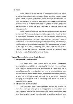 9
2. Visual
Visual communication is the type of communication that uses visuals
to convey information and/or messages. Signs,