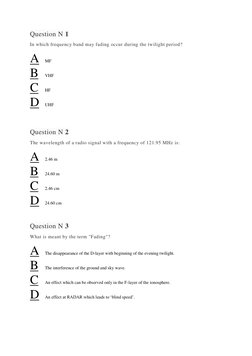 Question N 1 
In which frequency band may fading occur during the twilight period? 
A 
MF 
B 
VHF 
C 
HF 
D 
UHF 
 
 
Questio