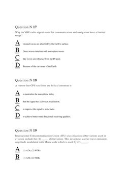 Question N 17 
Why do VHF radio signals used for communication and navigation have a limited 
range? 
A 
Ground waves are