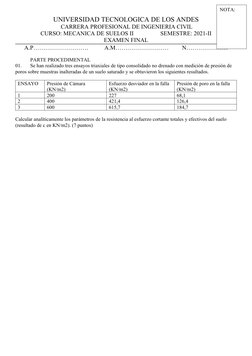 UNIVERSIDAD TECNOLOGICA DE LOS ANDES
 CARRERA PROFESIONAL DE INGENIERIA CIVIL
CURSO: MECANICA DE SUELOS II
SEMESTRE: 2021-II