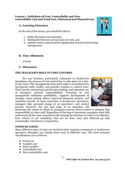 Lesson 1. Definition of Cost, Controllable and Non-
controllable Unit and Total Cost, Historical and Planned Cost
A. Learning