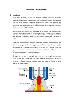 Soldagem a Plasma (PAW) 
1 
Introdução 
O processo de soldagem por arco plasma, também conhecido por PAW 
(Plasma Arc Welding