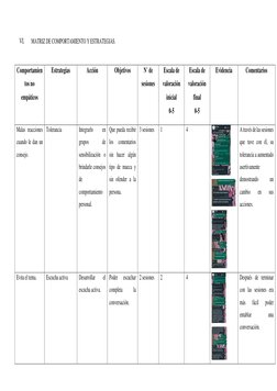 VI. 
MATRIZ DE COMPORTAMIENTO Y ESTRATEGIAS. 
Comportamien
tos no 
empáticos 
Estrategias 
Acción 
Objetivos 
N˚ de 
sesion