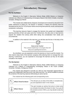 1 
For the facilitator: 
Welcome to the English 9 Alternative Delivery Mode (ADM) Module on Analyzing 
Literature as a Means