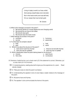 4 
 
 
 
 
 
 
 
 
 
6. What is the message conveyed in the poem? 
a. We should uphold our morals despite the ever-changing w