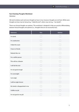 PositivePsychology.com
2
Fact Checking Thoughts Worksheet
Worksheet
We tend to believe each and every thought we have is true