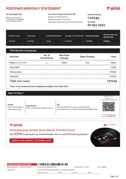 Service 9983 Airtel Postpaid Monthly Bill Summary | PDF | Payments | Cheque