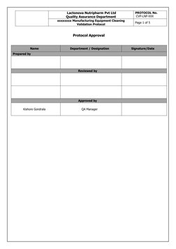 Lactonova Nutripharm Pvt Ltd
Quality Assurance Department
PROTOCOL No.
 CVP-LNP-XXX
xxxxxxxx Manufacturing Equipment Cleanin