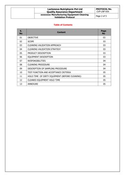 Lactonova Nutripharm Pvt Ltd
Quality Assurance Department
PROTOCOL No.
 CVP-LNP-XXX
xxxxxxxx Manufacturing Equipment Cleanin