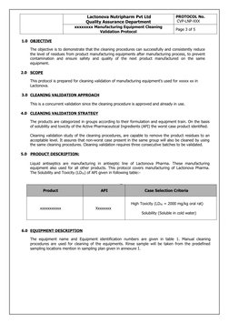 Lactonova Nutripharm Pvt Ltd
Quality Assurance Department
PROTOCOL No.
 CVP-LNP-XXX
xxxxxxxx Manufacturing Equipment Cleanin