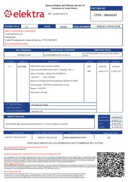 IMPORTE CON LETRA
M…TODO DE PAGO:
CUENTA DE PAGO:
LUGAR DE EXPEDICI”N:
SUBTOTAL
DESCUENTO
I.V.A
TOTAL
CANTIDAD
MODELO
DESCRIP